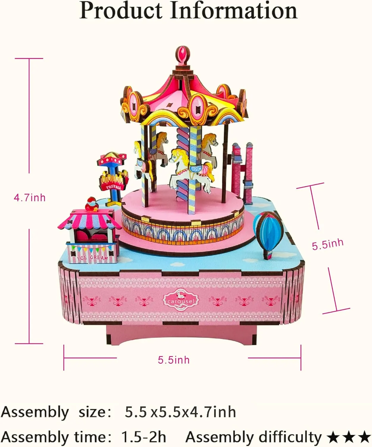3D Puzzles DIY Carousel Music Box Kit Teens, Boys and Girls, Birthday Gifts, Decoration Crafts（Carousel Music Box）