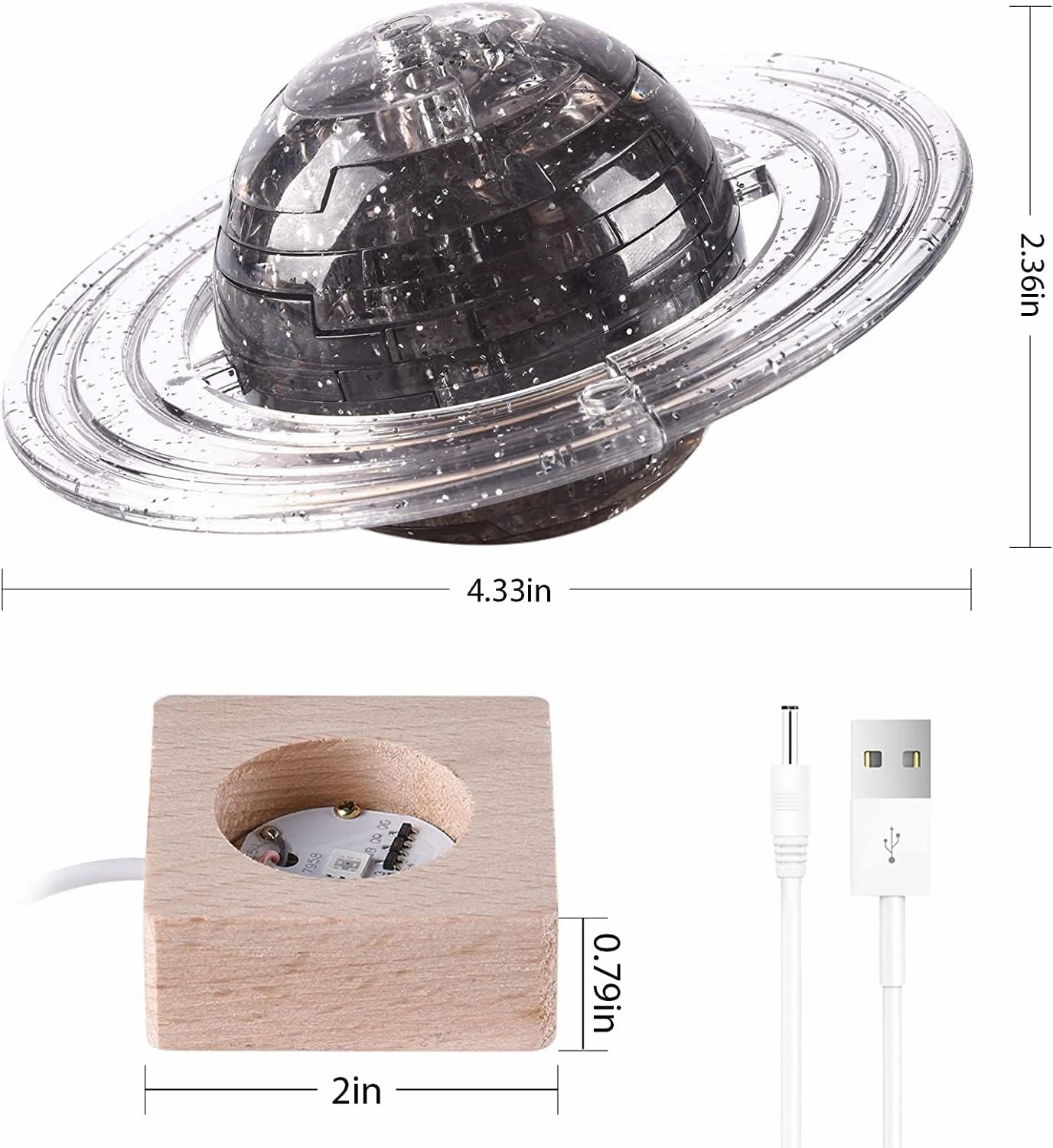 3D Crystal Puzzle, 3D Saturn Puzzle DIY Assembly Brain Teaser with Light-Up Wood Base, Plastic Crystal Fun Model Toy Gift Decoration for Adults & Kids Age 14 and Up, 40 Pieces, Grey