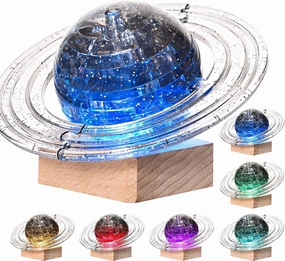 3D Crystal Puzzle, 3D Saturn Puzzle DIY Assembly Brain Teaser with Light-Up Wood Base, Plastic Crystal Fun Model Toy Gift Decoration for Adults & Kids Age 14 and Up, 40 Pieces, Grey