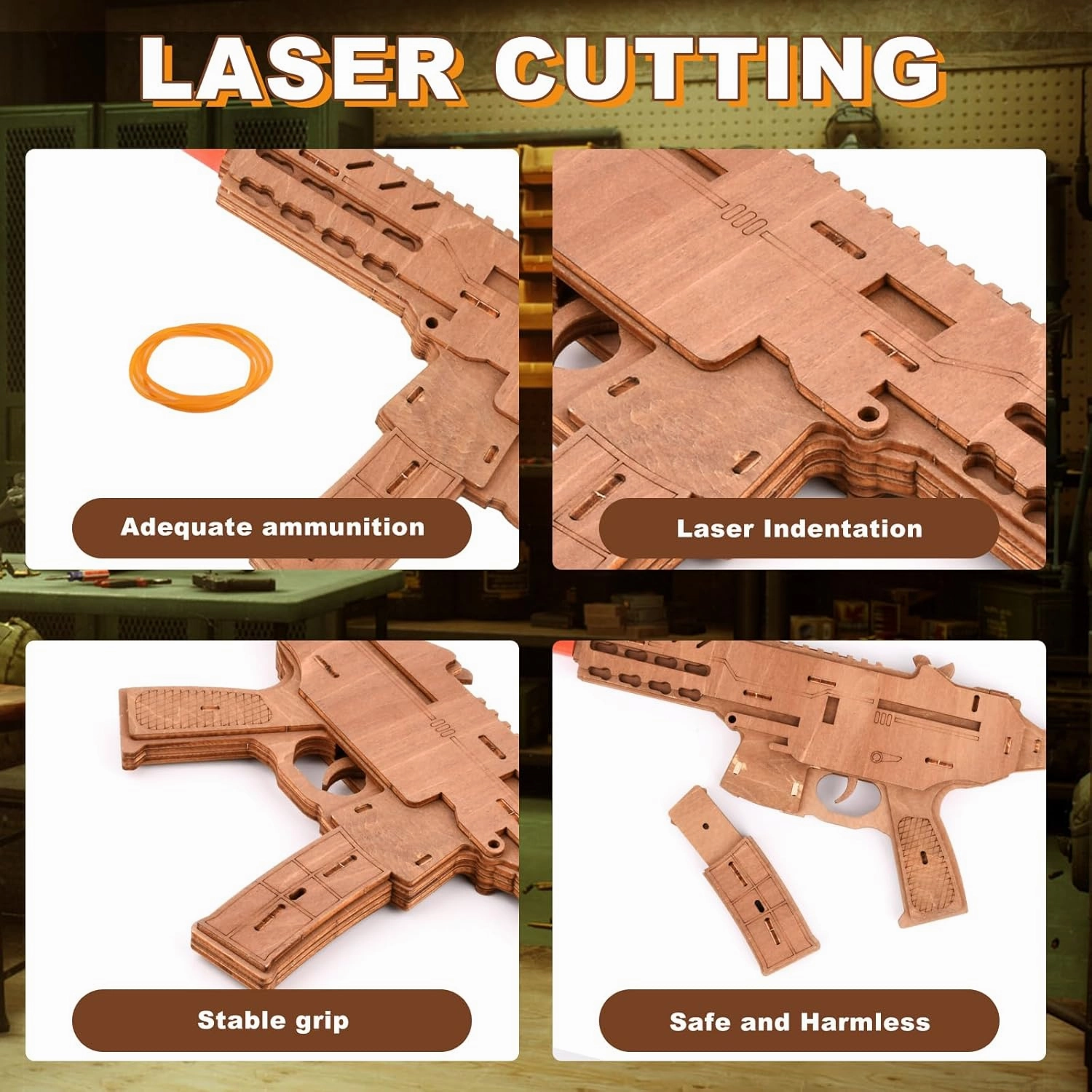 3D Puzzles for Adults, Wooden 3D Puzzle Model Rubber Bands Gun Toys Building Kits, DIY Wood Crafts Cool Toy Hobbies for Men Women, Creative Assembly Gifts (MP5)