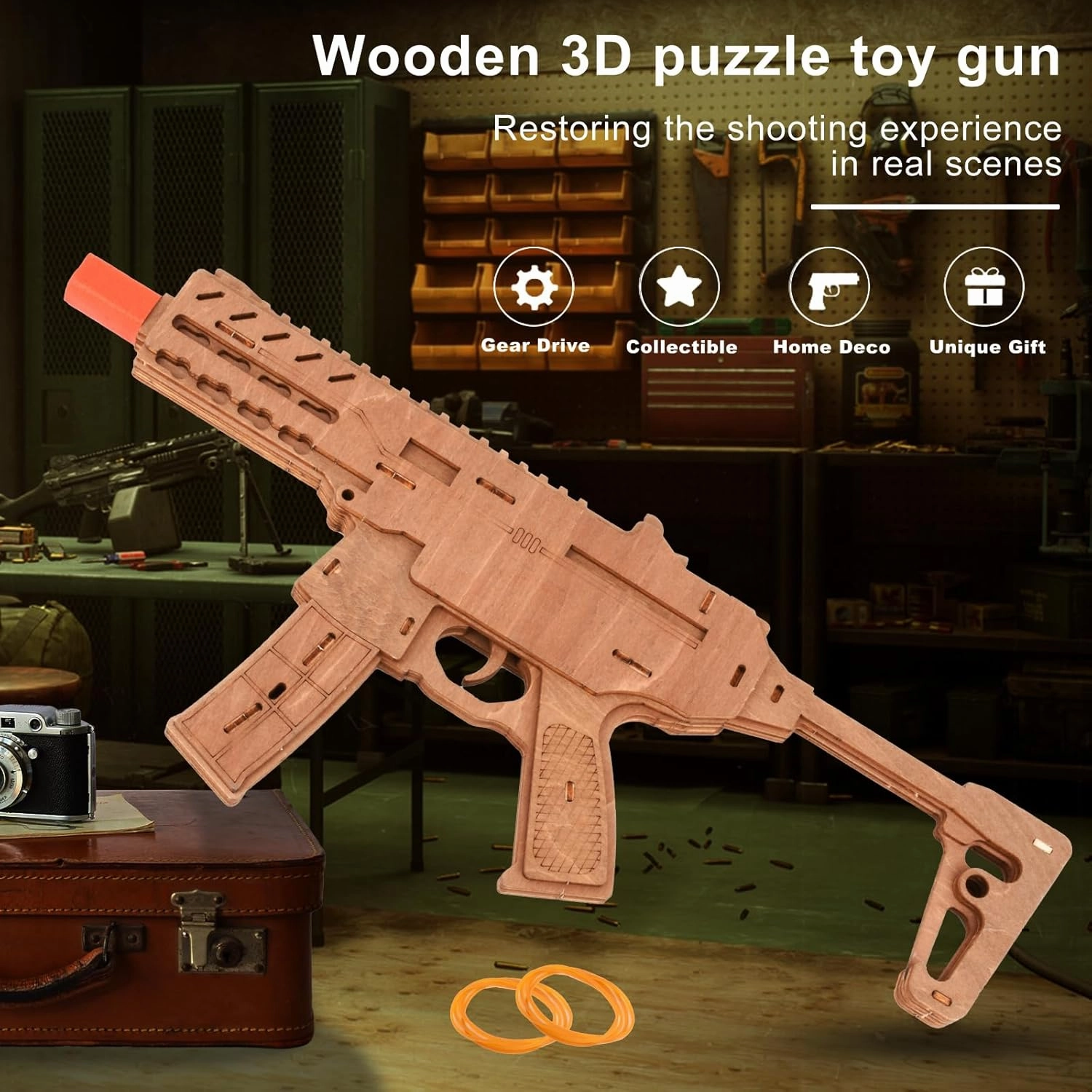 3D Puzzles for Adults, Wooden 3D Puzzle Model Rubber Bands Gun Toys Building Kits, DIY Wood Crafts Cool Toy Hobbies for Men Women, Creative Assembly Gifts (MP5)