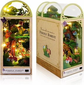 3D Wooden Book Stand Puzzle, DIY Dollhouse Wood Bookends Book Nook Model Building Kit with LED Light for Teens and Adults to Build-Creativity Gift for Christmas(Firefly Forest)