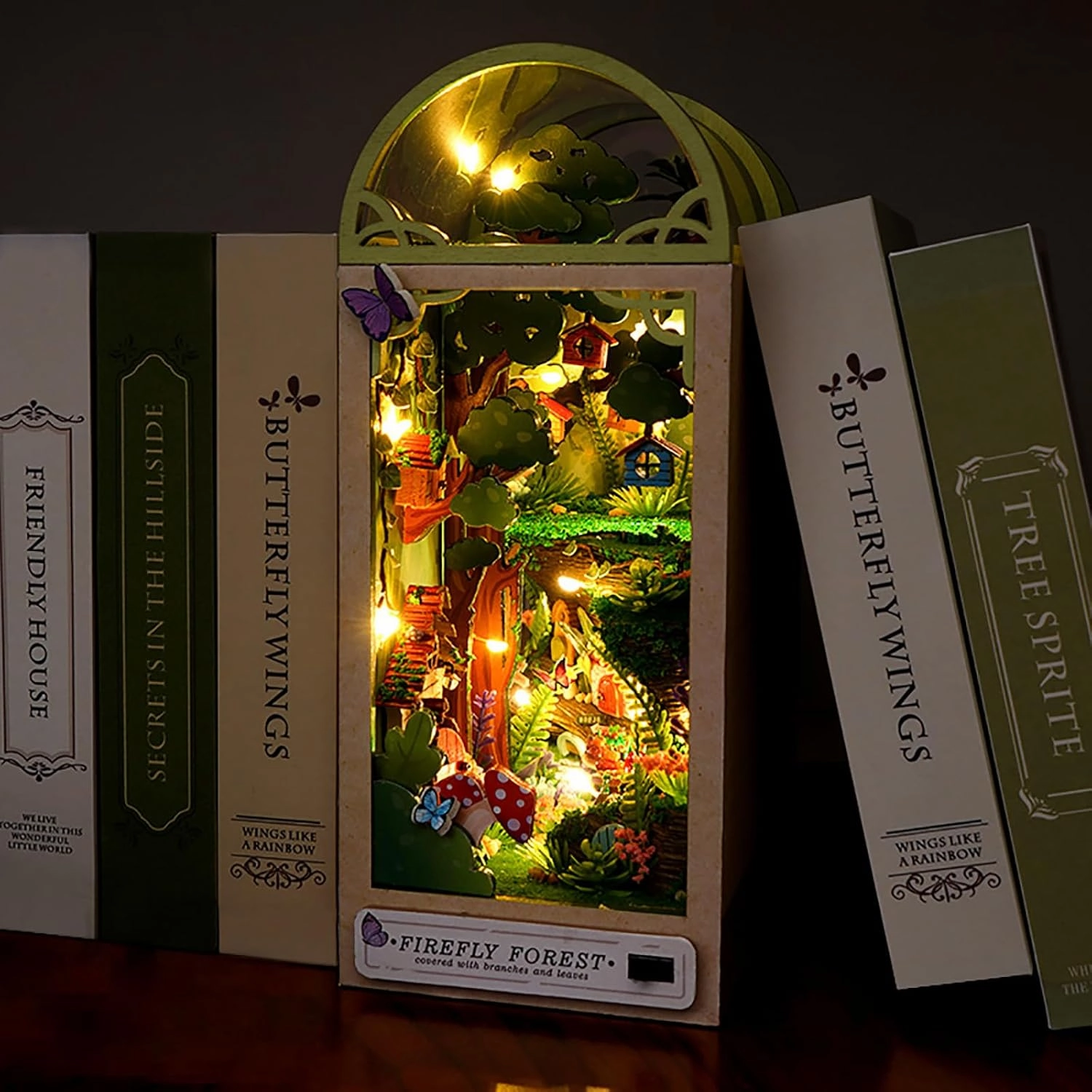 3D Wooden Book Stand Puzzle, DIY Dollhouse Wood Bookends Book Nook Model Building Kit with LED Light for Teens and Adults to Build-Creativity Gift for Christmas(Firefly Forest)