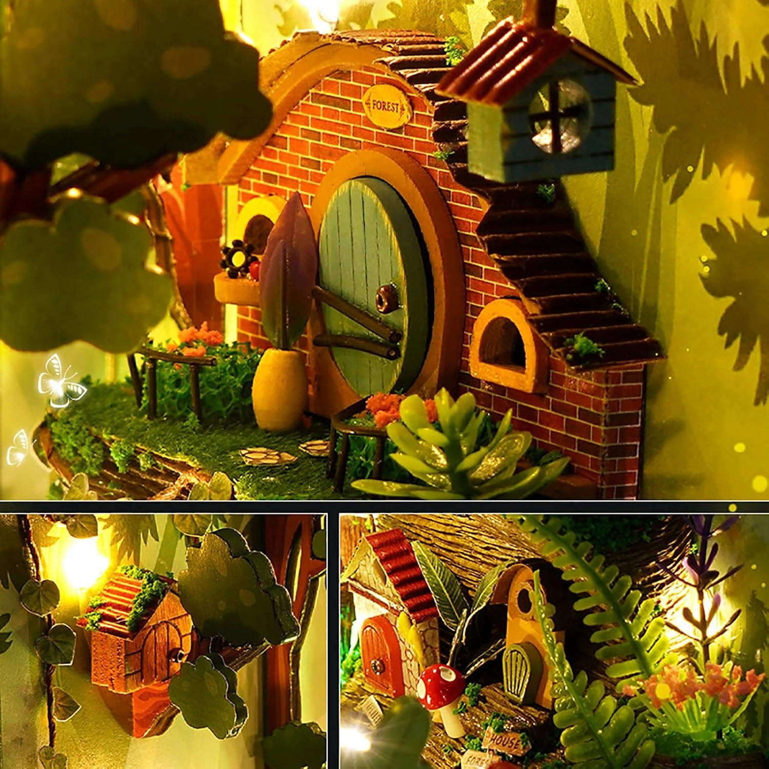 3D Wooden Book Stand Puzzle, DIY Dollhouse Wood Bookends Book Nook Model Building Kit with LED Light for Teens and Adults to Build-Creativity Gift for Christmas(Firefly Forest)