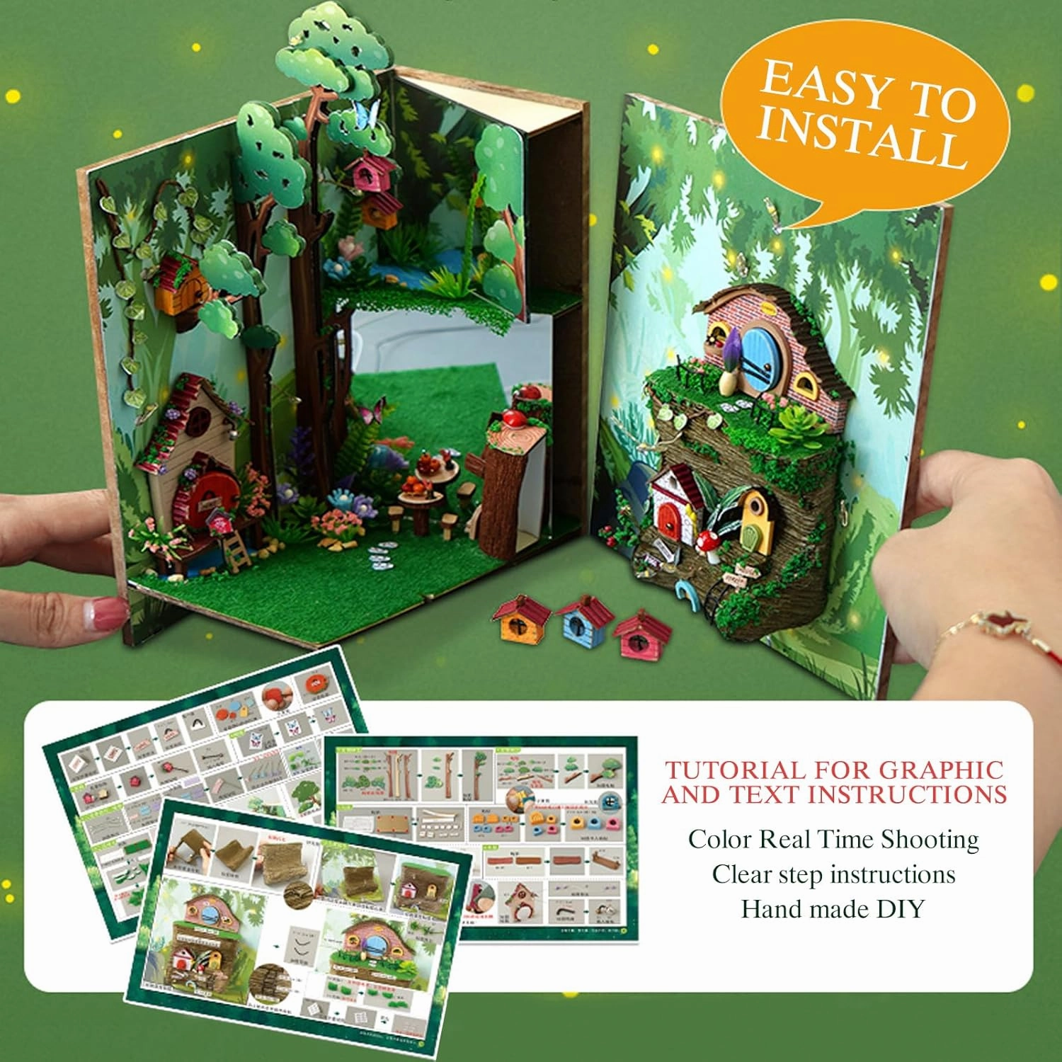 3D Wooden Book Stand Puzzle, DIY Dollhouse Wood Bookends Book Nook Model Building Kit with LED Light for Teens and Adults to Build-Creativity Gift for Christmas(Firefly Forest)