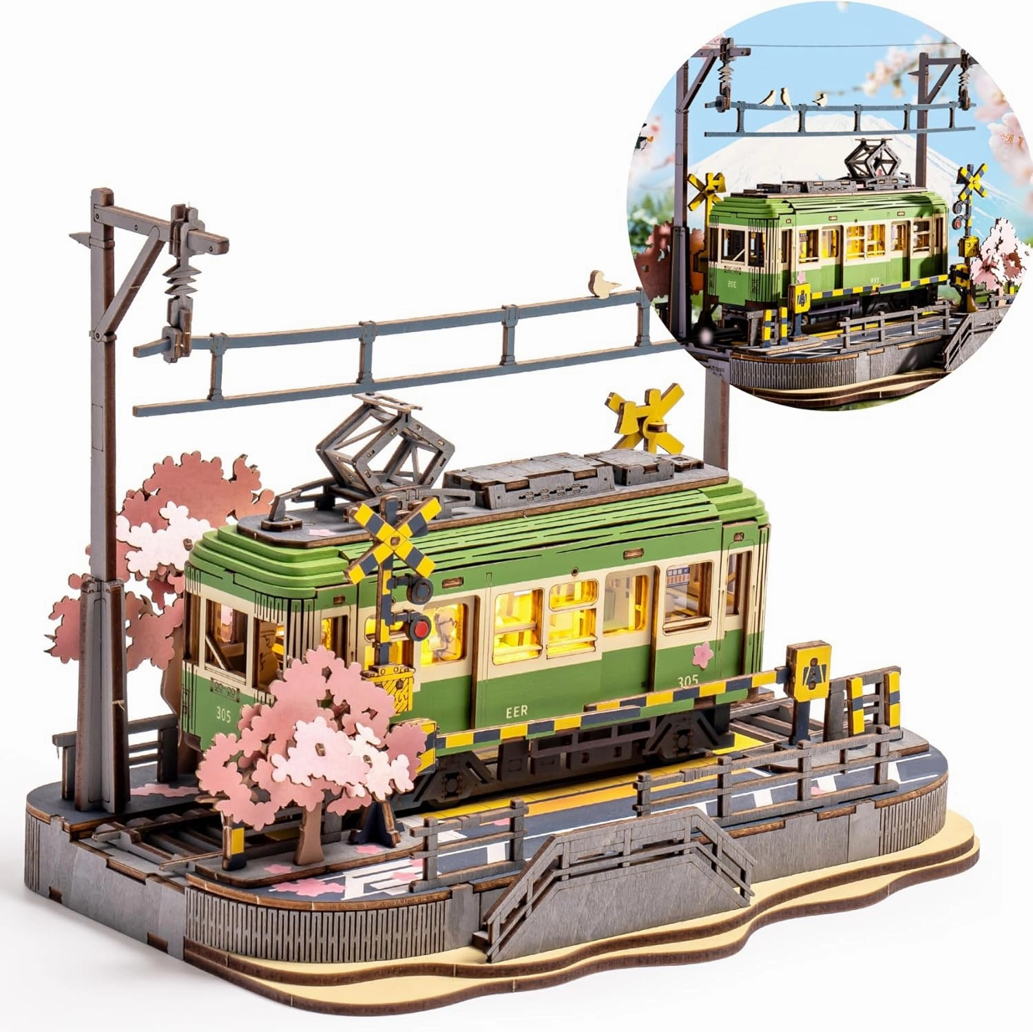 3D Wooden Puzzles for Adults-Sakura Journey Tram, Model Car Kits Building Set for Adults, DIY Hobby Craft Kits Creative Gift STEM Toy for Girls Boys (223PCS)