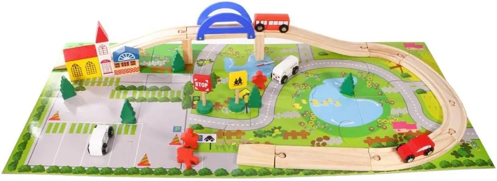 40 Pieces Urban Track Train Wooden Set Toy Rail Overpass Traffic Scene Toys