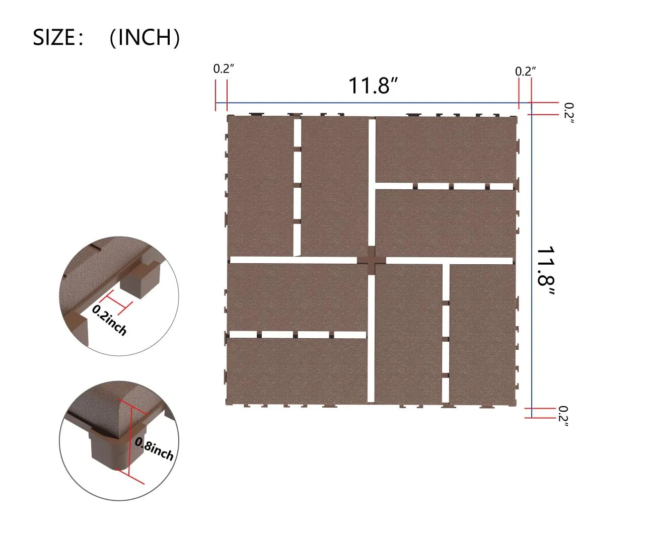 44 PCs Interlocking Plastic Deck Tiles, 12x12 inches Waterproof Patio Floor Tiles for Indoor and Outdoor, Easy Snap Flooring for Balcony, Garden, Backyard, Pathway, Poolside, All Weather, Red Brown