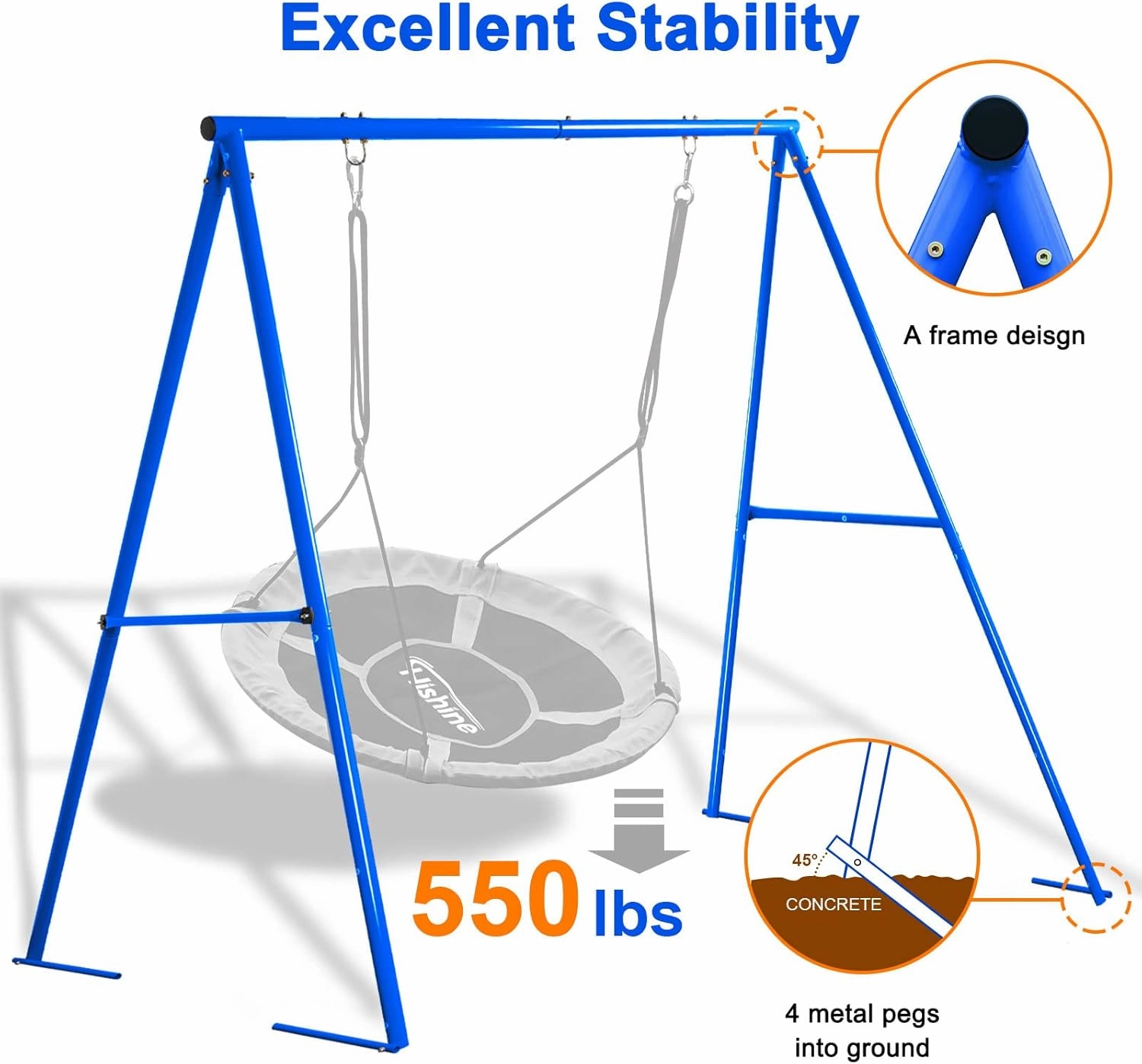 440lbs Heavy Duty A Frame Swing Stand, 71" Height Full Metal Frame, Anti-Rust and All Weather Resistant, Suit Saucer and Chair for Kids in Backyard, Outdoor (Blue Frame Without Swing)