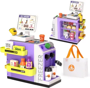48-Piece Pretend Play Cash Register Toy Set for Kids with Water Outlet Function - Calculator, Shopping Bag, Scanners, Coffee Machine, Play Food - Gift for Boys and Girls Ages 3  (Purple)