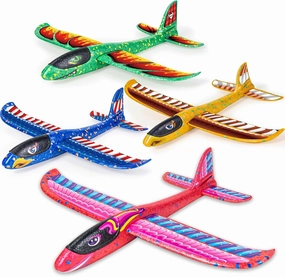 4 Pack Airplane Flying Toys, Throwing Foam Glider Plane Toys for 3-5 4-7 8-10 Year Old Kids, 2 Flight Modes Airplanes Kits with DIY Stickers, Outdoor Sport Toys Boys Girls Birthday Party Favors Gift