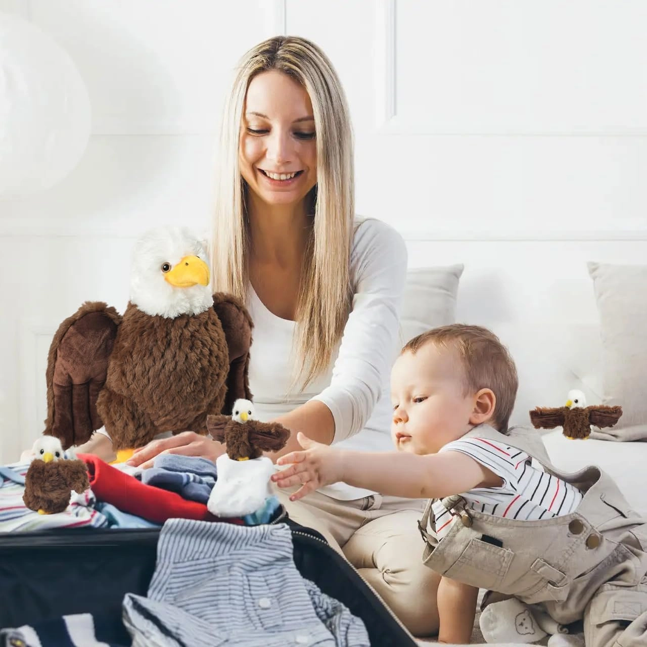 4 Pcs Bald Eagle Stuffed Animal Bulk Large Mommy Eagle Plush with 3 Cute Babies Stuffed Eagle Plushies Toys for Kids Boys Girls Birthday Christmas Easter Stuffers Birders Zoo Gifts