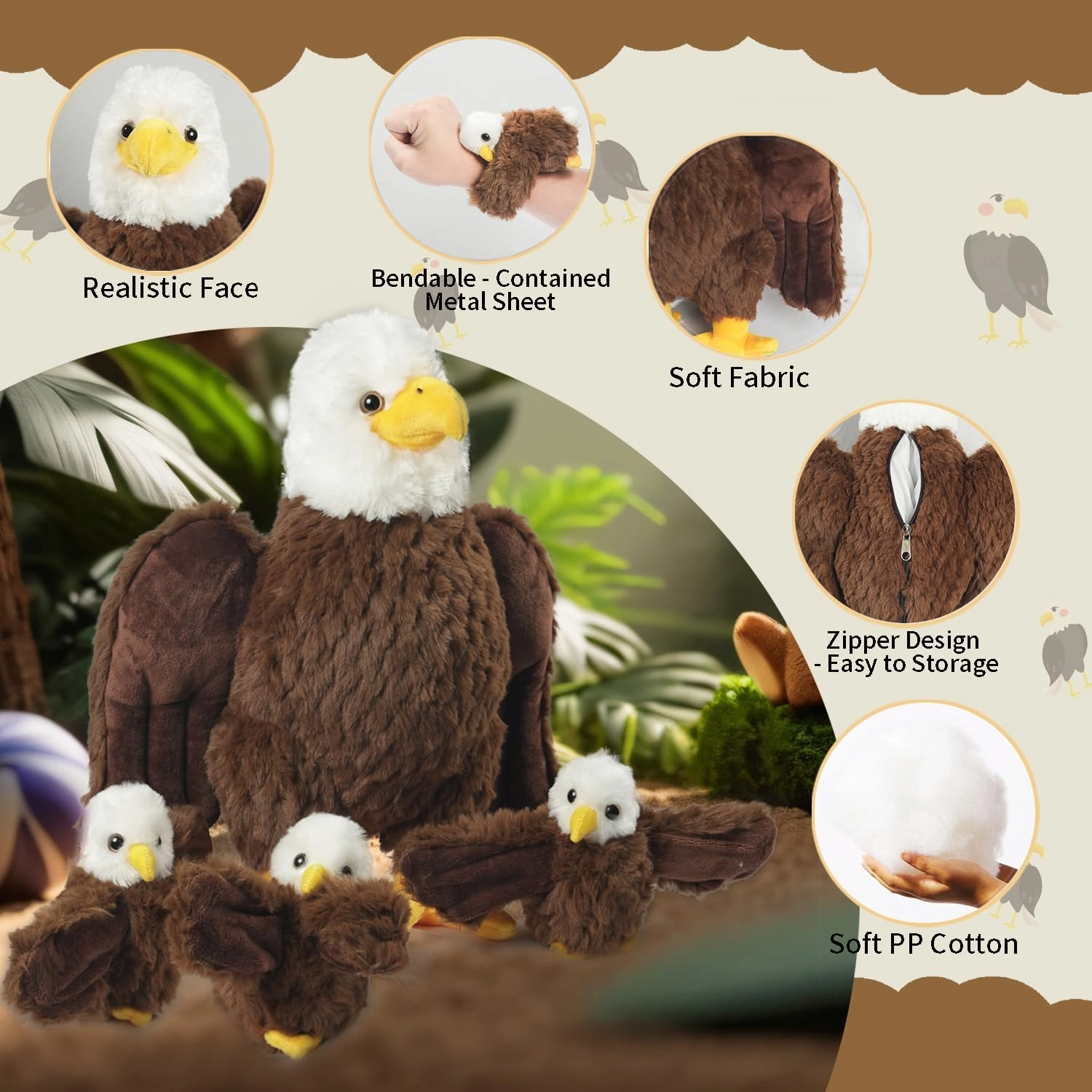 4 Pcs Bald Eagle Stuffed Animal Bulk Large Mommy Eagle Plush with 3 Cute Babies Stuffed Eagle Plushies Toys for Kids Boys Girls Birthday Christmas Easter Stuffers Birders Zoo Gifts