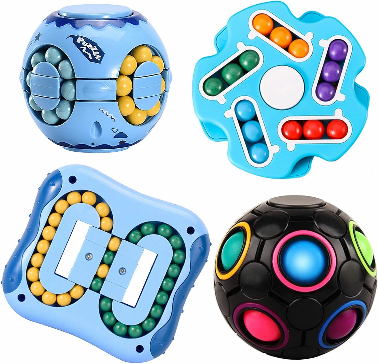 4Pack Fidget Spinners Rotate Cube Puzzles-Pop Sensory Toys for Autistic Children, Brain Teaser Sudoku Puzzles for Unisex-Children, Adults, Stress Relief Gifts, Learning & Education (Blue Black)