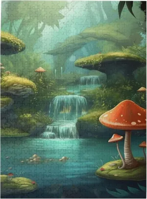 500 Piece Jigsaw Puzzle for Adults Challenging Puzzle for Game Nights View of Fantasy River with Pond and Fishes Mushroom in Jungle Trees Wooden Puzzle Finished Size 15"x20.4"