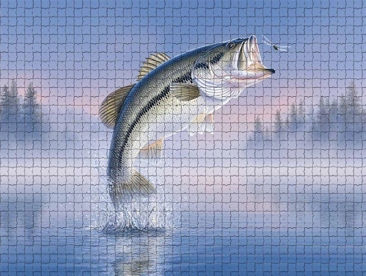 500 Piece Puzzle for Adults Leaping Largemouth Bass Fishing A Challenging and Dynamic Jigsaw Game for Anglers Nature Lovers Fun Wall Art and Family Night Gift Idea