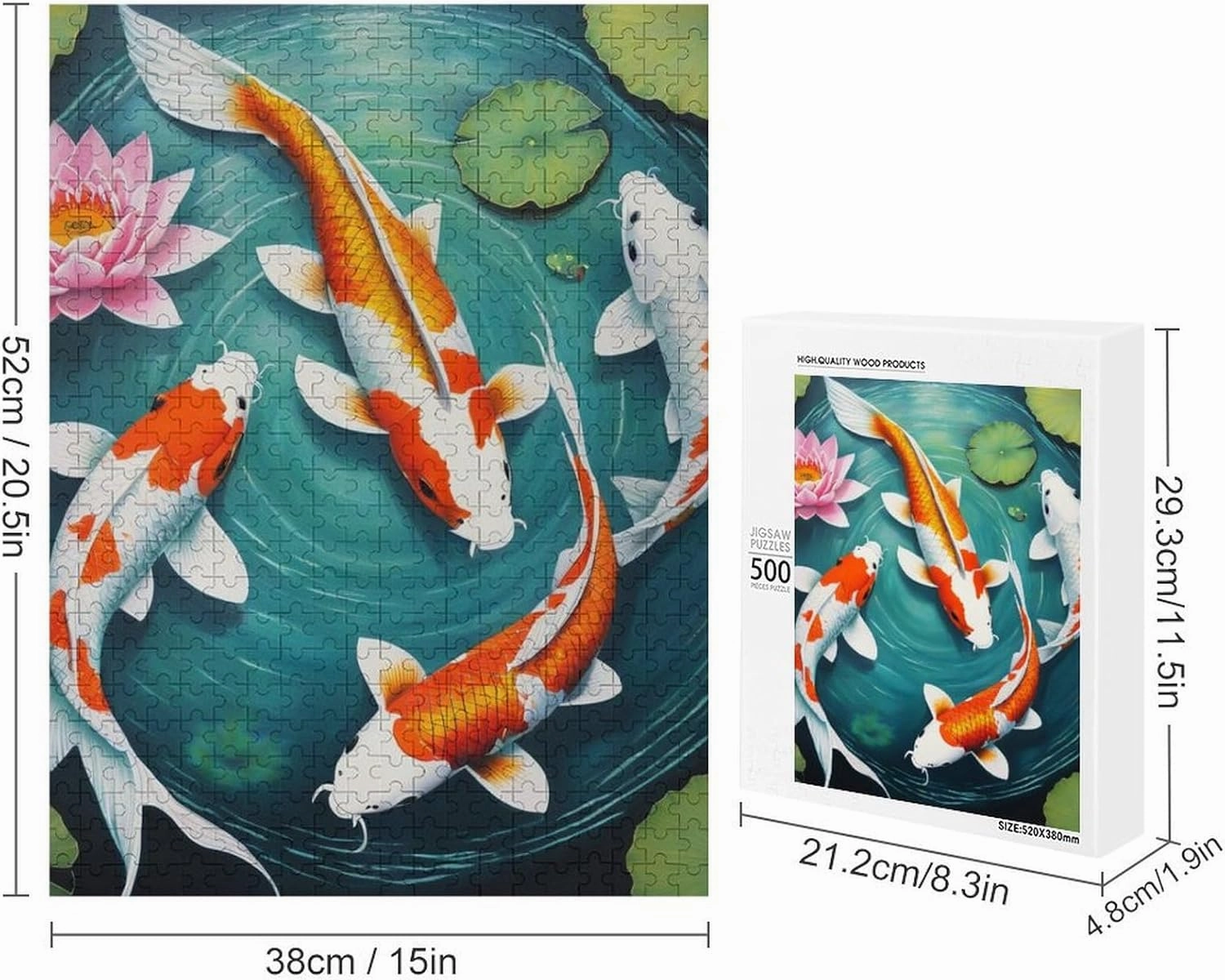 500 Pieces Puzzle for Adults & Kids - Awesome Japanese Koifish Fish Art Large Size Jigsaw Puzzles for Game Toys Gift Home Entertainment, 20.5 L x 15 W inch Wall Poster