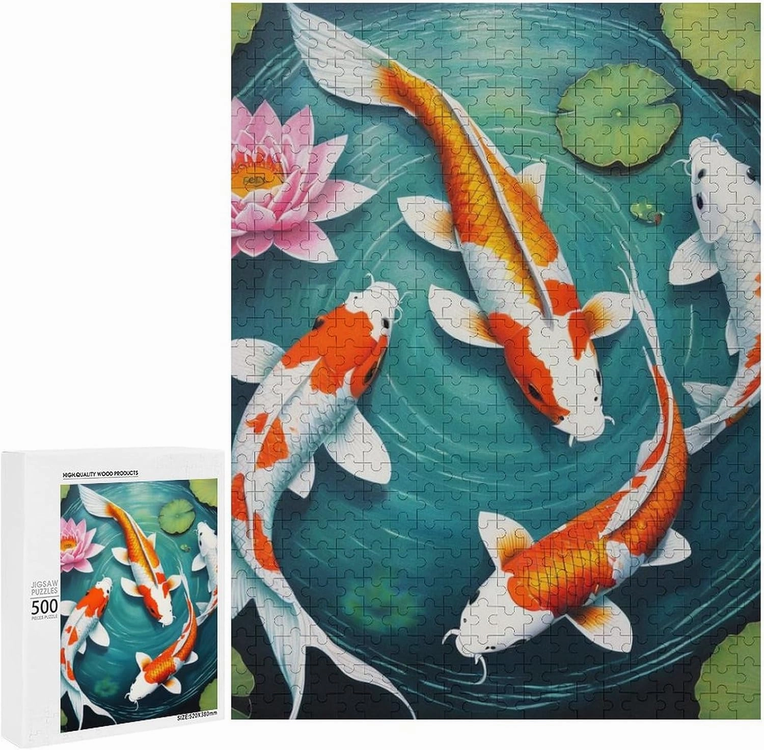 500 Pieces Puzzle for Adults & Kids - Awesome Japanese Koifish Fish Art Large Size Jigsaw Puzzles for Game Toys Gift Home Entertainment, 20.5 L x 15 W inch Wall Poster