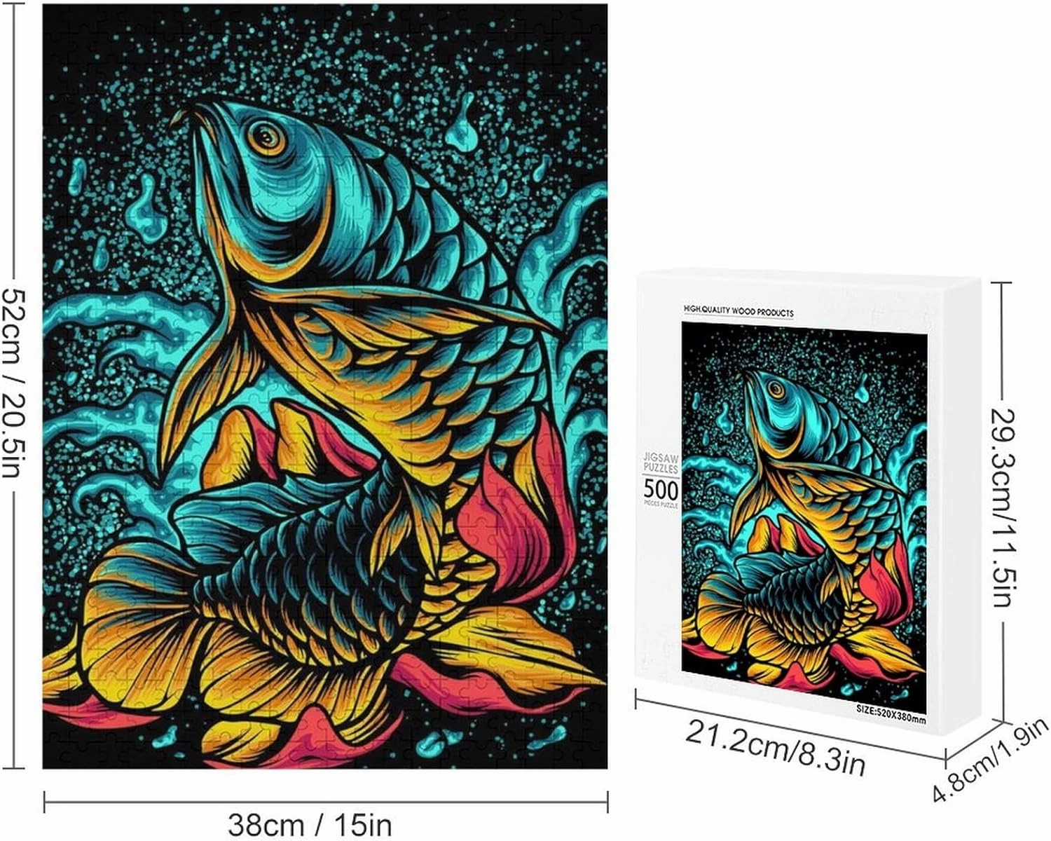 500 Pieces Puzzles for Boys Girls Kids - Arowana Fish with Fowers Art Large Puzzle for Game Toys Gift Home Entertainment, 20.5 x 15 inch (LxW) Wall Ornaments