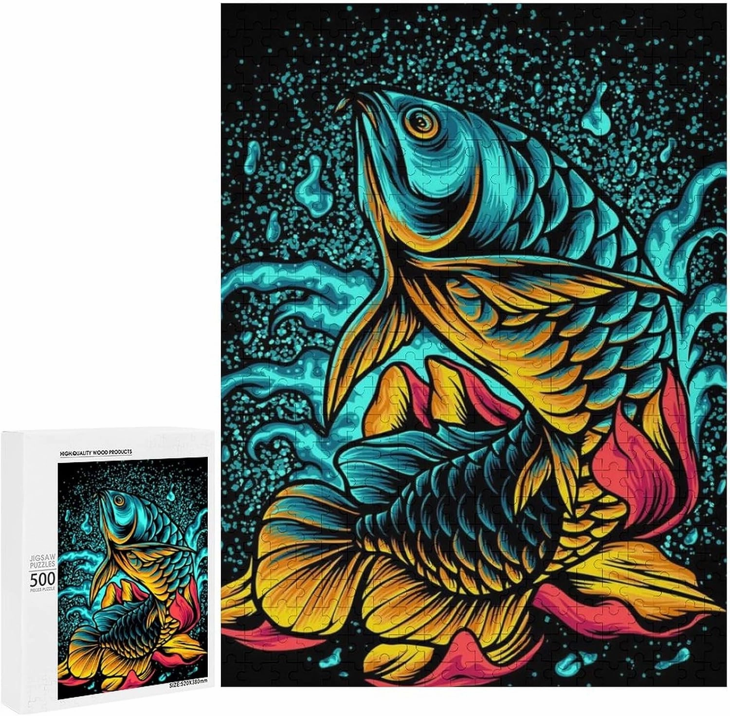 500 Pieces Puzzles for Boys Girls Kids - Arowana Fish with Fowers Art Large Puzzle for Game Toys Gift Home Entertainment, 20.5 x 15 inch (LxW) Wall Ornaments