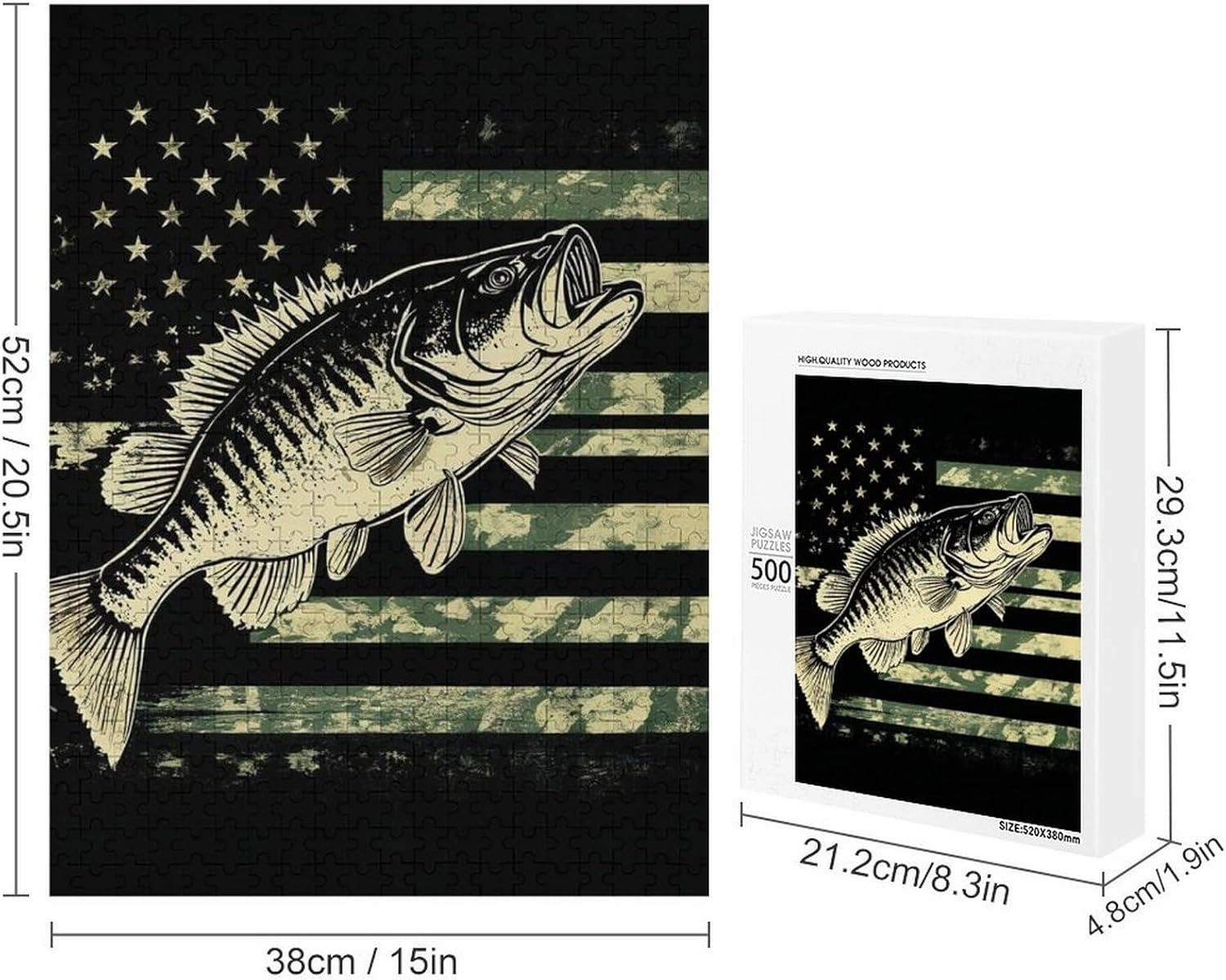 500 Pieces Puzzles for Boys Girls Kids - Bass Fishing Camo Camouflage American Flag Hunting Black Large Puzzle for Game Toys Gift Home Entertainment, 20.5 x 15 inch (LxW) Wall Ornaments