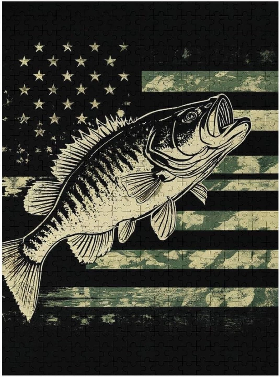 500 Pieces Puzzles for Boys Girls Kids - Bass Fishing Camo Camouflage American Flag Hunting Black Large Puzzle for Game Toys Gift Home Entertainment, 20.5 x 15 inch (LxW) Wall Ornaments