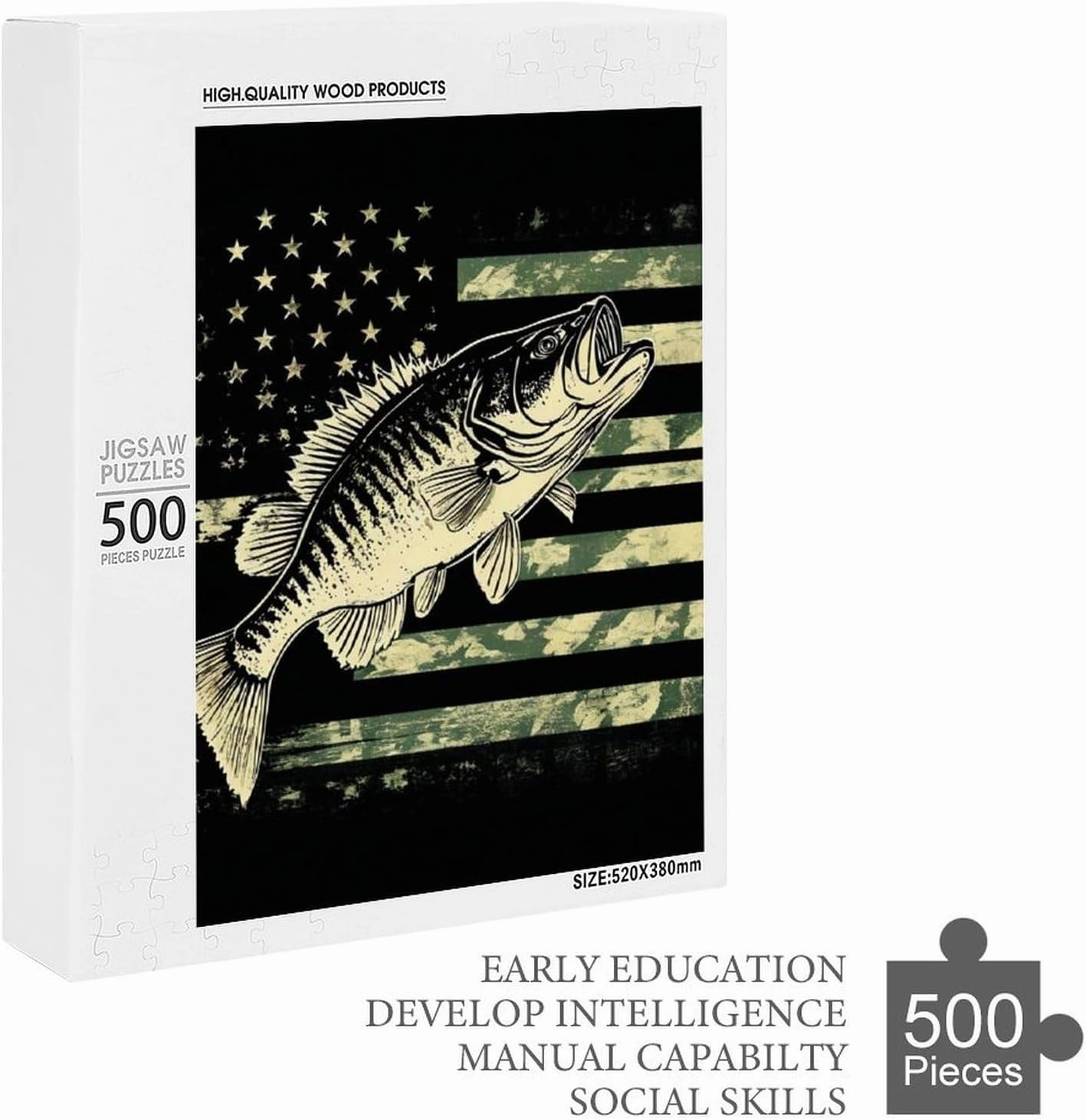 500 Pieces Puzzles for Boys Girls Kids - Bass Fishing Camo Camouflage American Flag Hunting Black Large Puzzle for Game Toys Gift Home Entertainment, 20.5 x 15 inch (LxW) Wall Ornaments