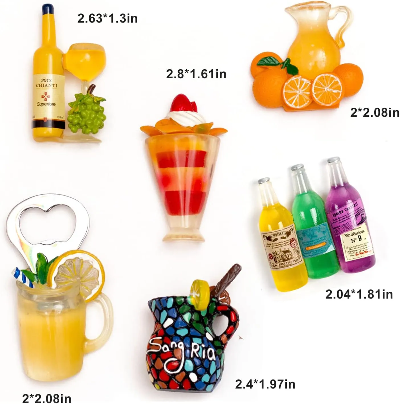 6-Pack Fruit Juice Fridge Magnets 3D Resin Magnet Refrigerator Stickers Champagne Bottle Opener Juice Cup Wine Glass for Refrigerators, Whiteboards, Maps and Other Magnetic Items