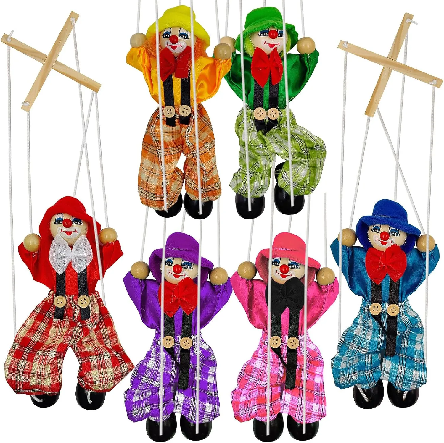 6 Pcs String Marionette Wooden Puppets Clown Pull String Puppets Movable Hands and Feet Creative Doll for Birthday Theater Pretend Play Party Gift