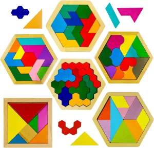 6 PCS Wooden Tangrams Puzzles for Kids, Wooden Hexagon Toddlers Puzzles Block Geometric Brain Teaser Wood Puzzle Tangram Logic IQ Toy Gifts for All Ages Boys Girls Adults Intelligence