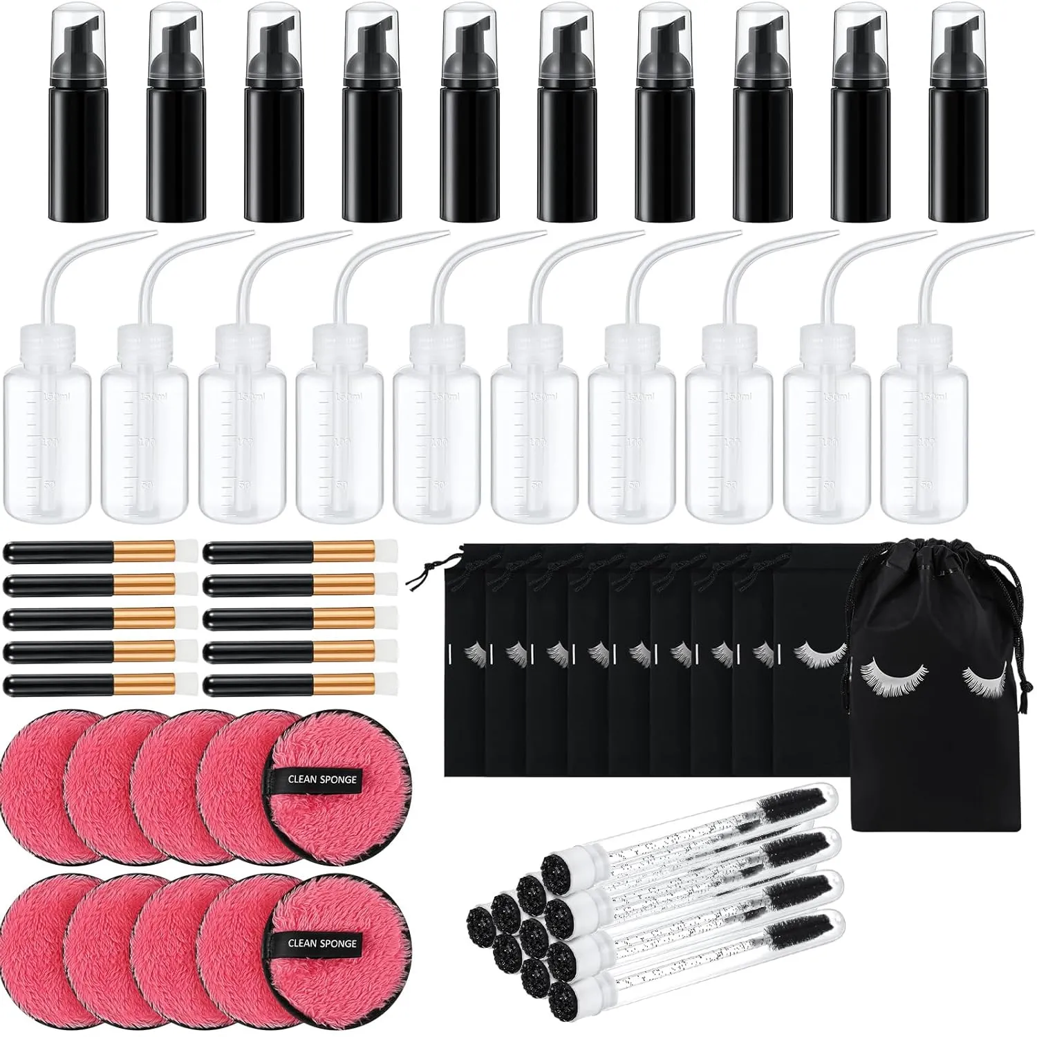 60 Pcs Lash Shampoo Brushes Set 10 Lash Shampoo Brushes 10 Mascara Tubes and Wands 10 Foam Pump Bottle 10 Cleaning Rinse Bottles 10 Makeup Remover Pad 10 Aftercare Drawstring Bag(Black)