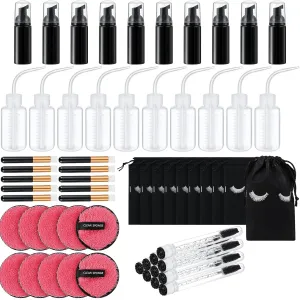 60 Pcs Lash Shampoo Brushes Set 10 Lash Shampoo Brushes 10 Mascara Tubes and Wands 10 Foam Pump Bottle 10 Cleaning Rinse Bottles 10 Makeup Remover Pad 10 Aftercare Drawstring Bag(Black)