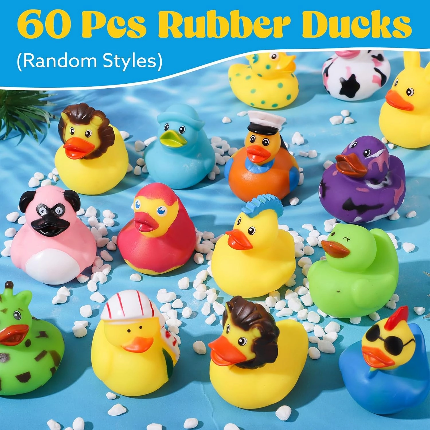 60 Pcs Assorted Plastic Rubber Ducks for Christmas, Bath Toys, Party Favors, Beach Pool Activity, Cruise Ships Hiding, Stocking Stuffers for Kids Teens