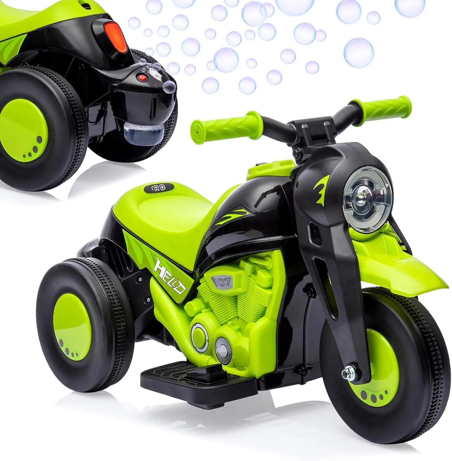 6V Bubble Motorcycle Ride on Toy Car for Kids, Kids Motorcycle with Bubble Function w/Music, LED Headlights, Forward/Reserve, Pedal, 3 Wheels Ride on Motorbike for Kids 3-8, Green