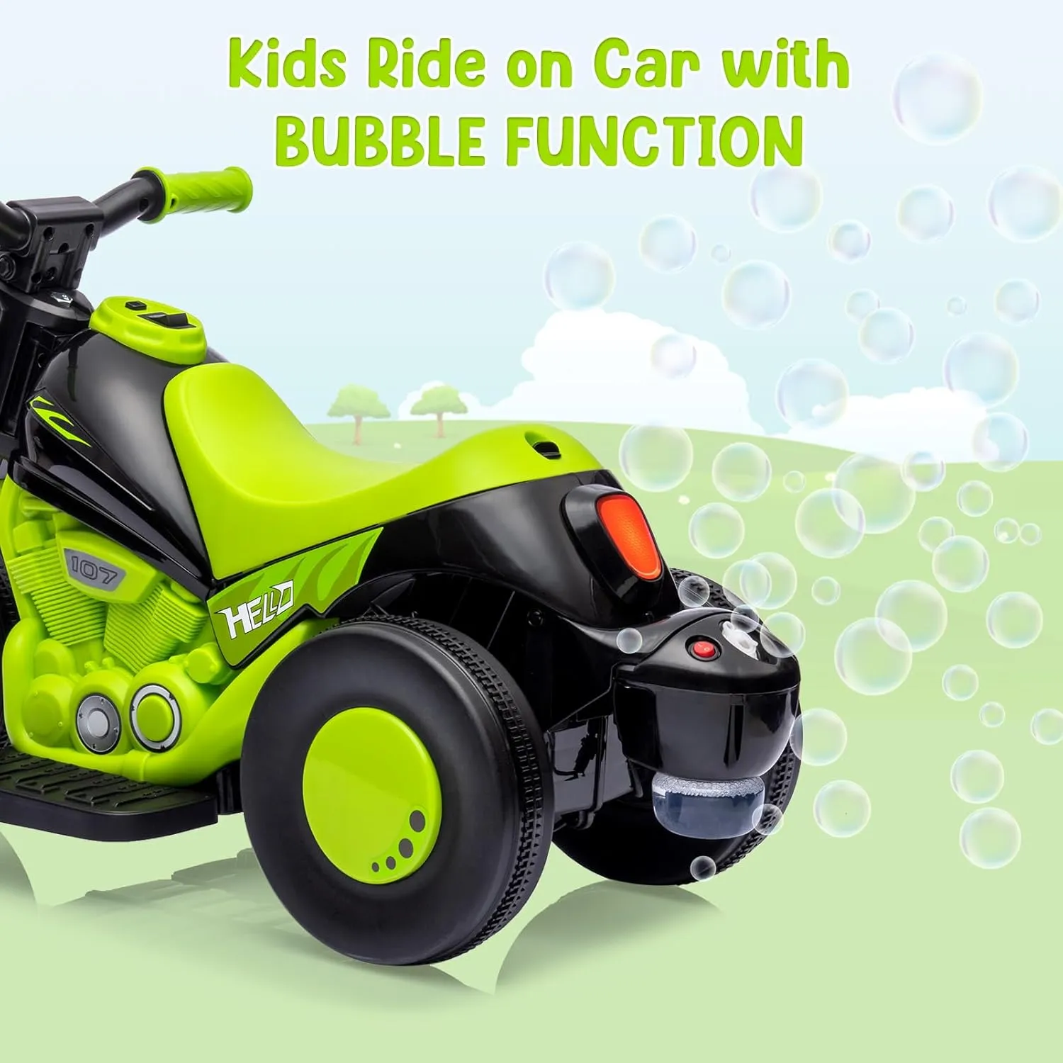 6V Bubble Motorcycle Ride on Toy Car for Kids, Kids Motorcycle with Bubble Function w/Music, LED Headlights, Forward/Reserve, Pedal, 3 Wheels Ride on Motorbike for Kids 3-8, Green