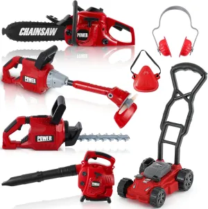 7 Pcs Toy Leaf Blower Lawn Trimmer Toy Chainsaw Lawn Cutter Push Lawn Mower Set Battery Set with Masks and Earmuffs Gardening Tool Set Toy Gardening Equipment for Christmas