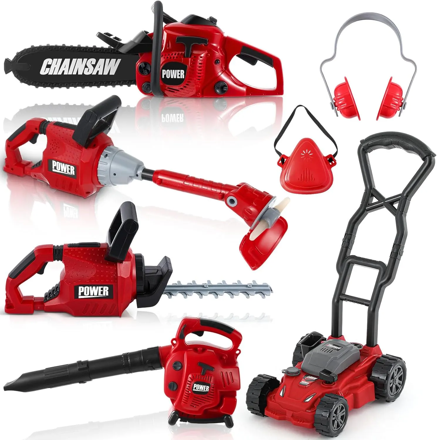 7 Pcs Toy Leaf Blower Lawn Trimmer Toy Chainsaw Lawn Cutter Push Lawn Mower Set Battery Set with Masks and Earmuffs Gardening Tool Set Toy Gardening Equipment for Christmas