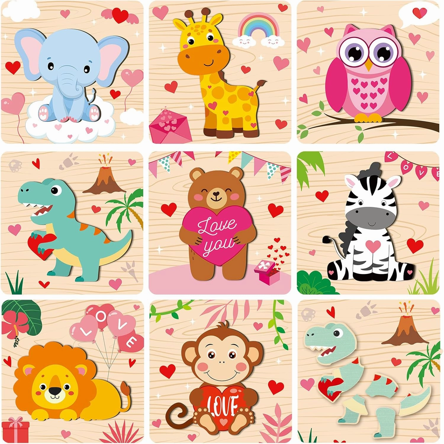8 Pcs Valentines Day Wooden Puzzles Jigsaw Puzzle Toy Gift Set Preschool Learning Educational Toy for Valentines Birthday Gifts Party Favors (Animal)