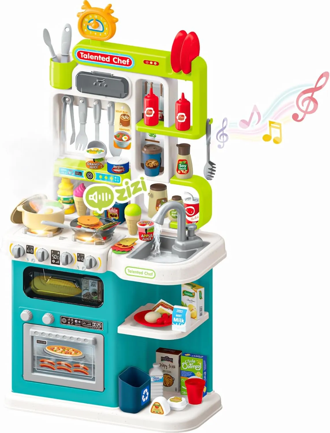 96PCS Kids Kitchen Playset, Play Kitchen with Sound & Light, Cooking Stove with Steam, Play Food Toy Kitchen Accessories, Play Sink, Oven, Pretend Play Kitchen Toys Set for Boys and Girls (Green)