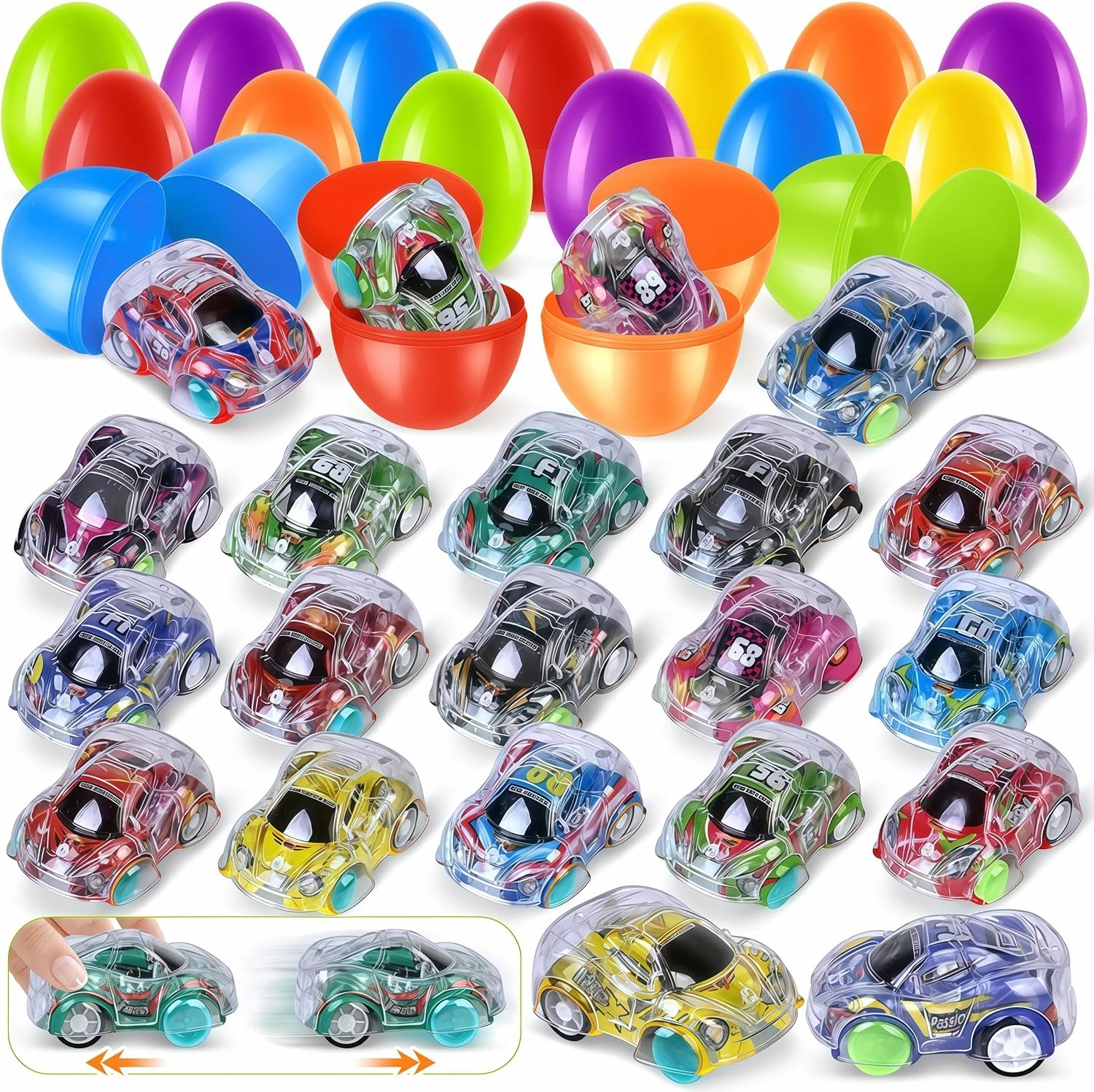 Aigybobo 36 Pack Easter Eggs with Mini Pull Back Cars for Kids, Easter Eggs Filled for Egg Hunt Party Favors, Surprise Egg, Easter Basket Stuffers Fillers Classroom Prizes Supplies for Boys Girls