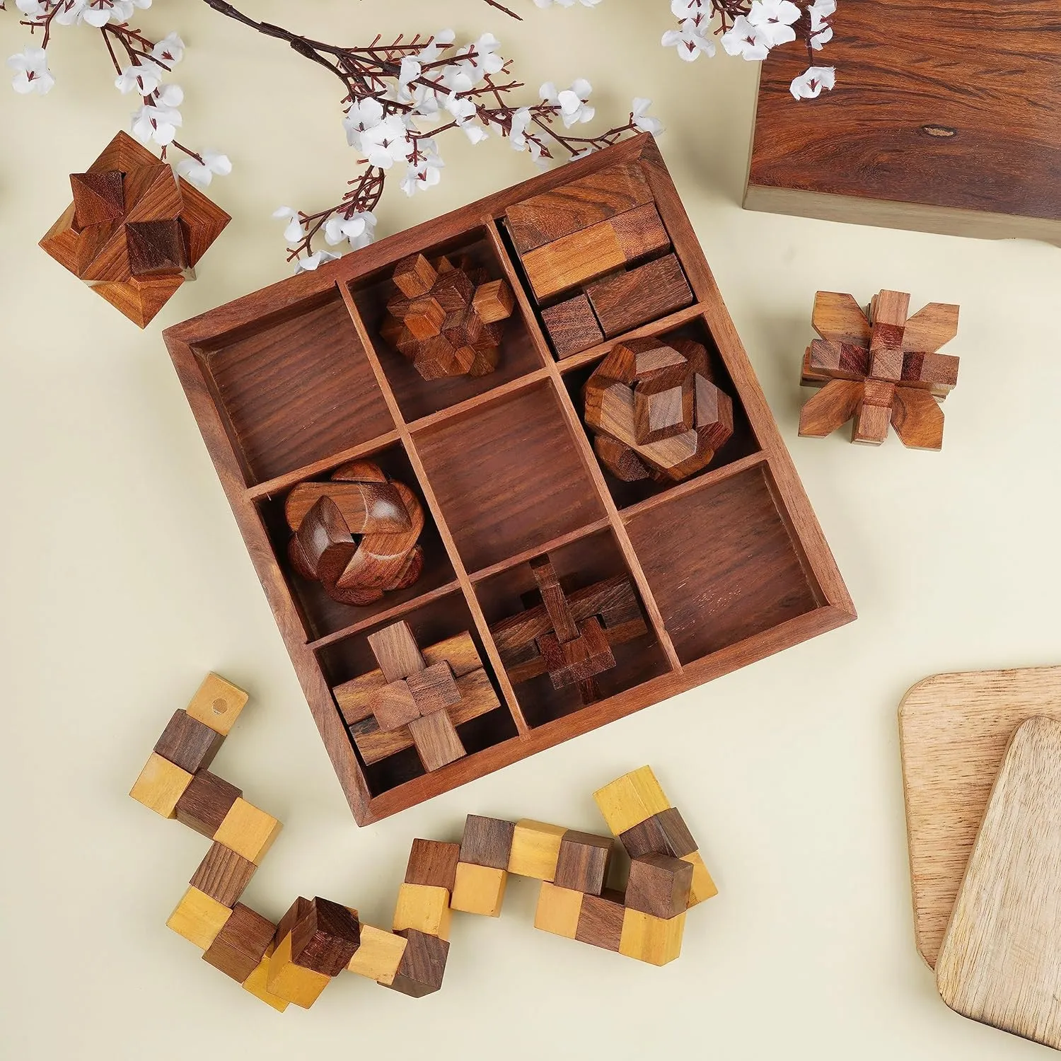 Ajuny 9-in-1 Wooden Brain Teaser Puzzle Box – 3D Logic Puzzles for Adults & Kids, Handmade Mind Games for Focus & Fun, Unique Educational Gift, Home or Coffee Table Decor