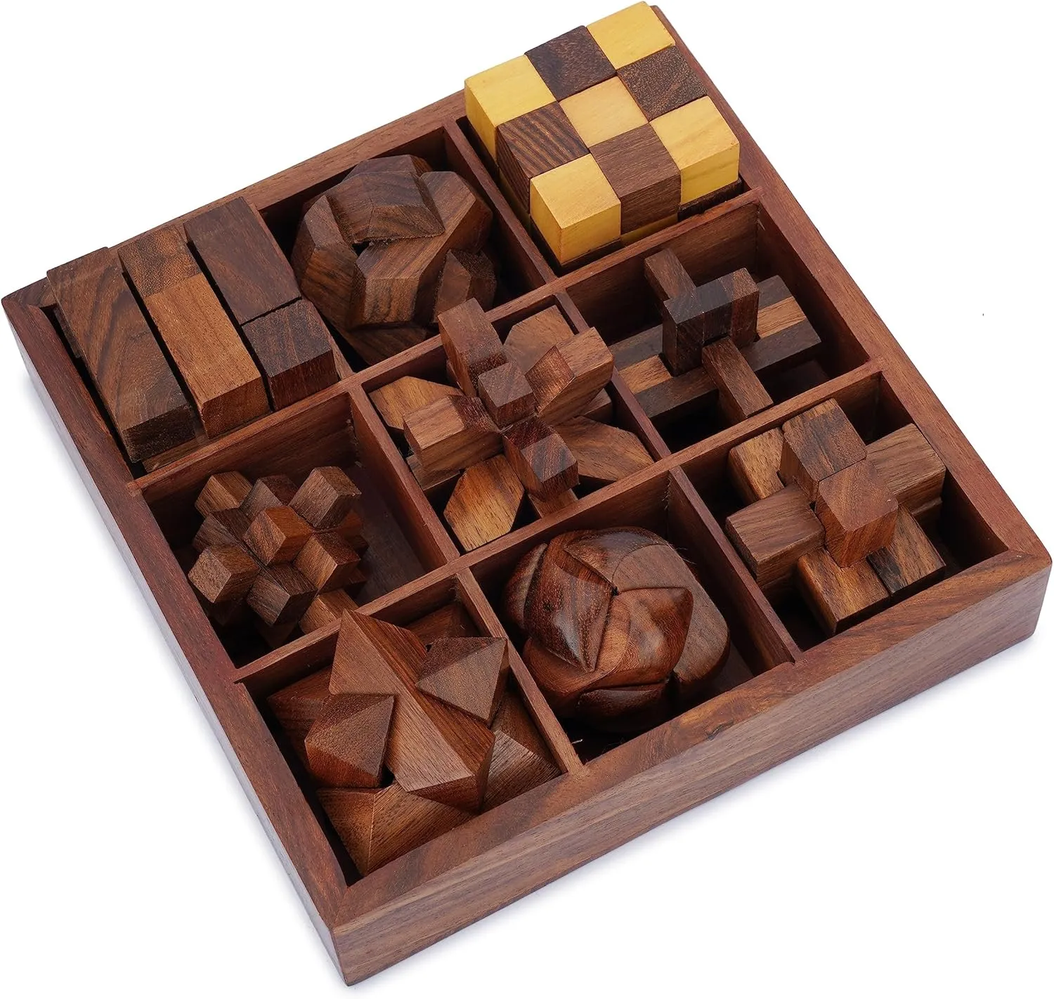 Ajuny 9-in-1 Wooden Brain Teaser Puzzle Box – 3D Logic Puzzles for Adults & Kids, Handmade Mind Games for Focus & Fun, Unique Educational Gift, Home or Coffee Table Decor