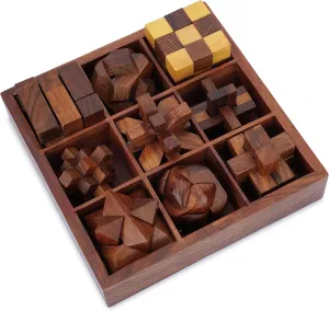 Ajuny 9-in-1 Wooden Brain Teaser Puzzle Box – 3D Logic Puzzles for Adults & Kids, Handmade Mind Games for Focus & Fun, Unique Educational Gift, Home or Coffee Table Decor