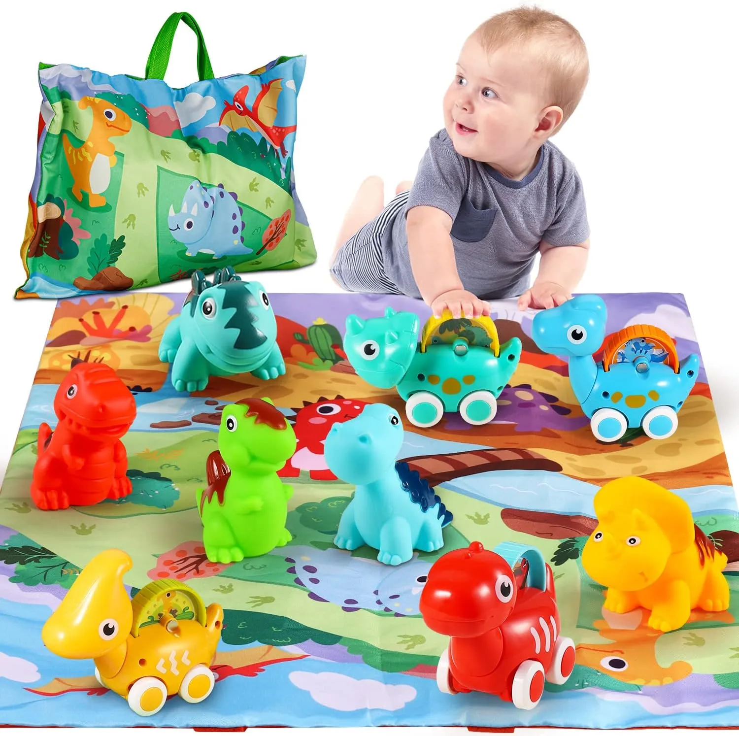 ALASOU 9 PCS Dinosaur Fantastic Creatures Car Toys with Playmat/Storage Bag|Baby Toys for 1 2 Year Old Boy|1st Birthday Gifts for Toddler|1 Year Old Boy Gift for Infant 12 18 Months