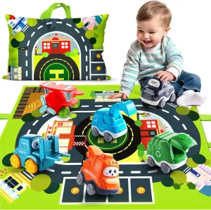 ALASOU Baby Cartoon Car Toys with Playmat/Storage Bag|1st Birthday Gifts for Toddler Age 1-2|Baby Toys for 1 2 3 Year Old Boy|1 2 Year Old Boy Gift for Infant 12-18 Month