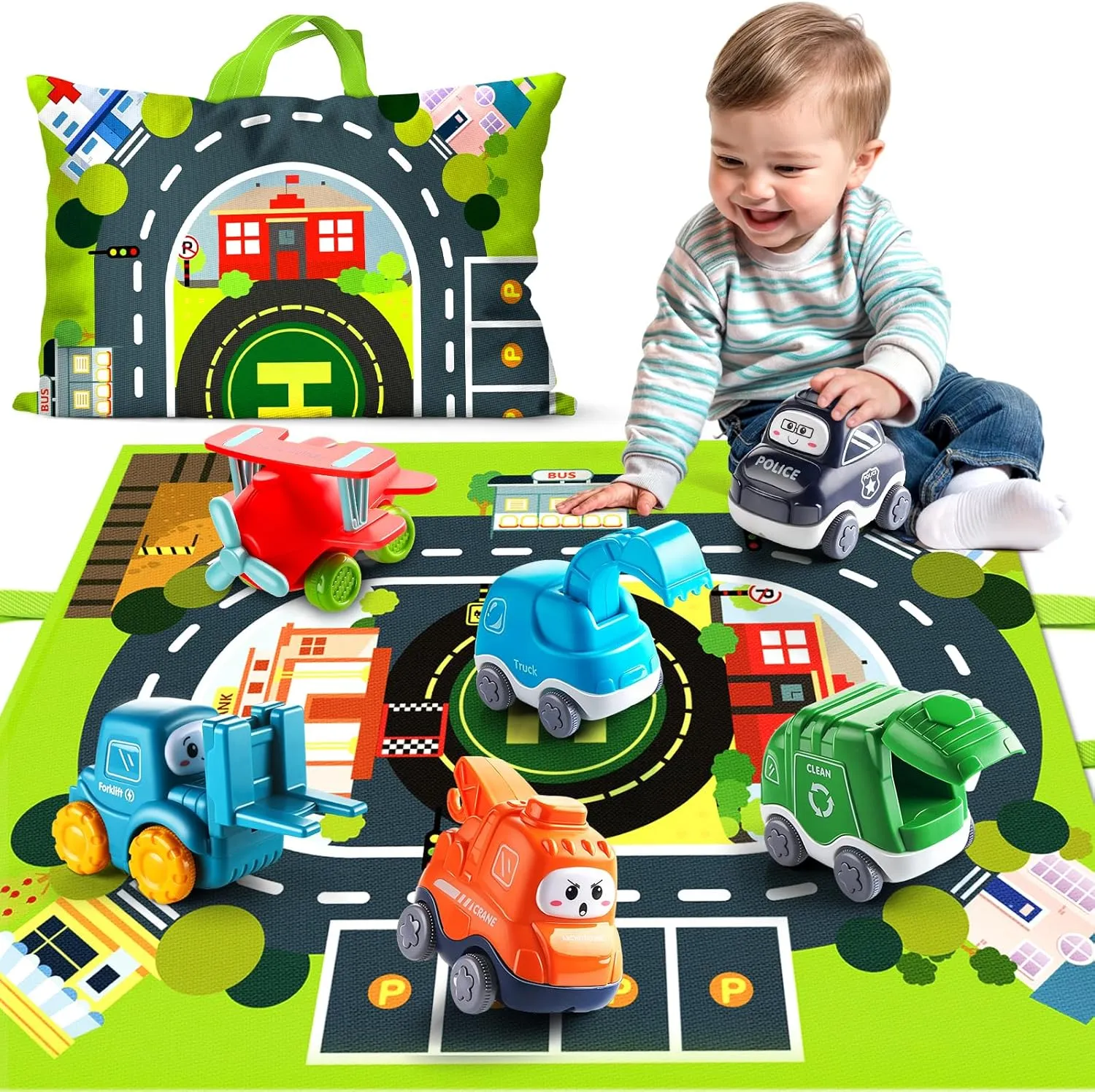 ALASOU Baby Cartoon Car Toys with Playmat/Storage Bag|1st Birthday Gifts for Toddler Age 1-2|Baby Toys for 1 2 3 Year Old Boy|1 2 Year Old Boy Gift for Infant 12-18 Month