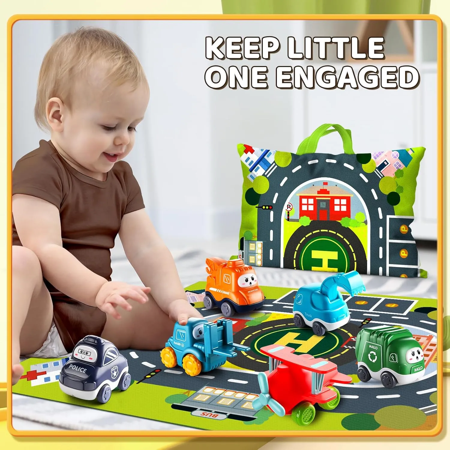 ALASOU Baby Cartoon Car Toys with Playmat/Storage Bag|1st Birthday Gifts for Toddler Age 1-2|Baby Toys for 1 2 3 Year Old Boy|1 2 Year Old Boy Gift for Infant 12-18 Month