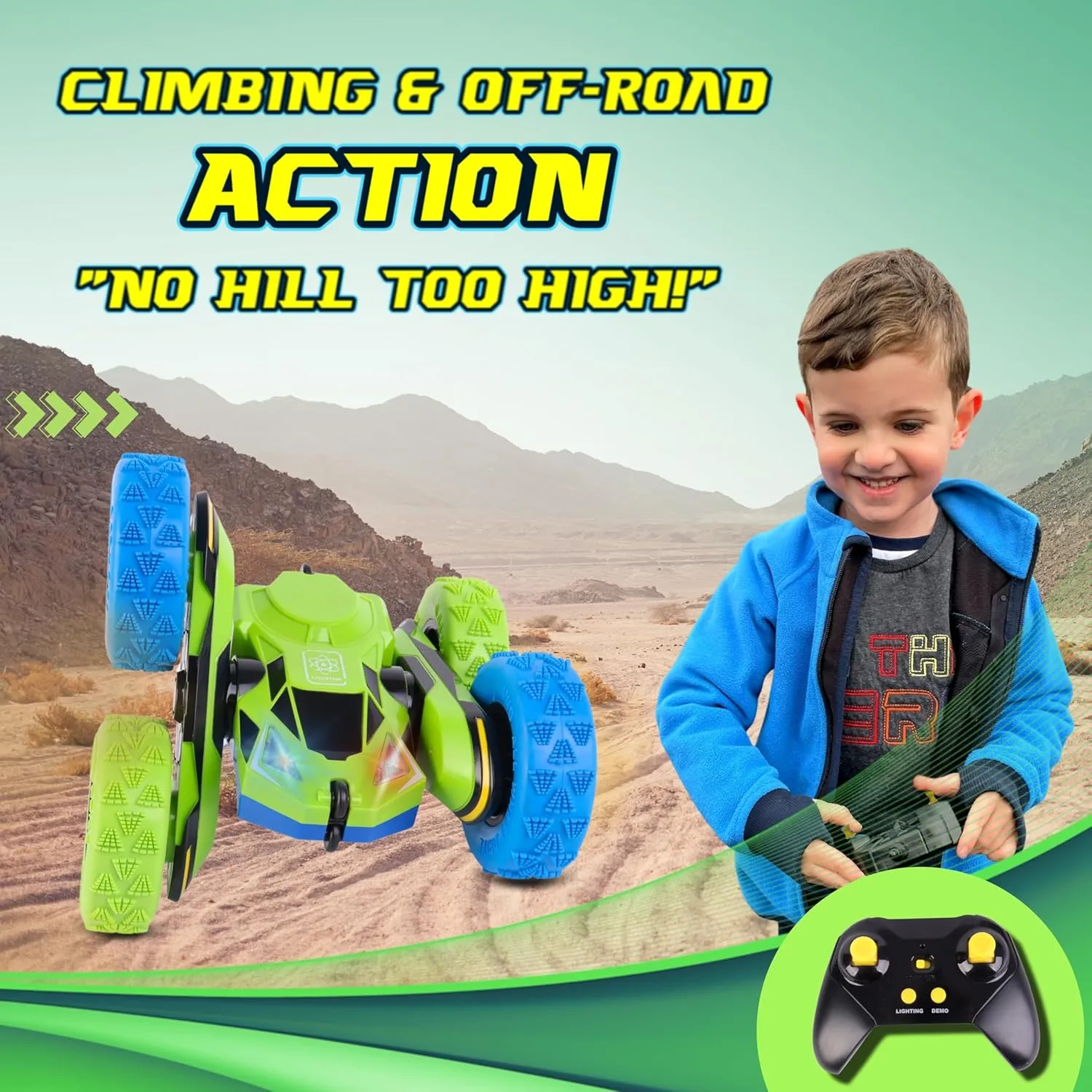 All-Round Drive Stunt RC Car - 360° Spins, High-Speed Off-Road with LED Headlights, 2 Rechargeable Batteries, AAA Remote Batteries, All-Terrain for Kids 6  & Adults (Green & Blue)