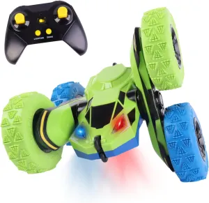 All-Round Drive Stunt RC Car - 360° Spins, High-Speed Off-Road with LED Headlights, 2 Rechargeable Batteries, AAA Remote Batteries, All-Terrain for Kids 6  & Adults (Green & Blue)