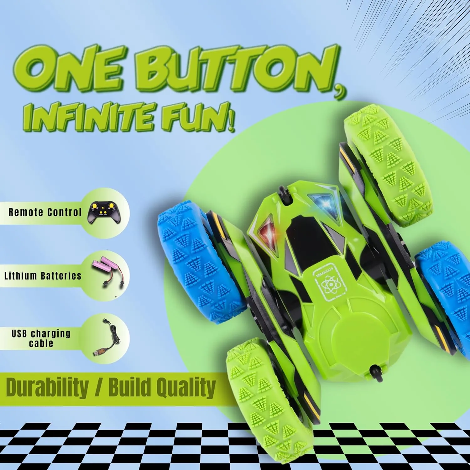 All-Round Drive Stunt RC Car - 360° Spins, High-Speed Off-Road with LED Headlights, 2 Rechargeable Batteries, AAA Remote Batteries, All-Terrain for Kids 6  & Adults (Green & Blue)